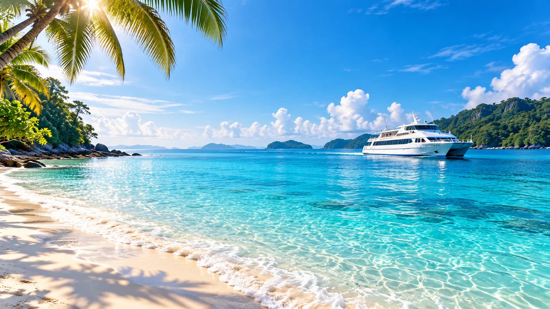 Crystal clear turquoise water of Andaman beach with private ferry and palm trees - Andaman Tiyul Travels